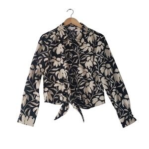 Velvet Fleur Floral‎ Tie Front Blouse Womens Medium Black Cream Long Sleeve Top